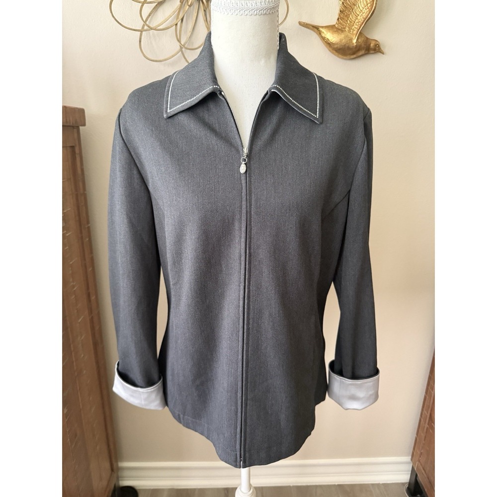 St‎ John Sport Marie Gray Gray Zip Jacket S Satin Cuffs Rhinestone Collar EUC